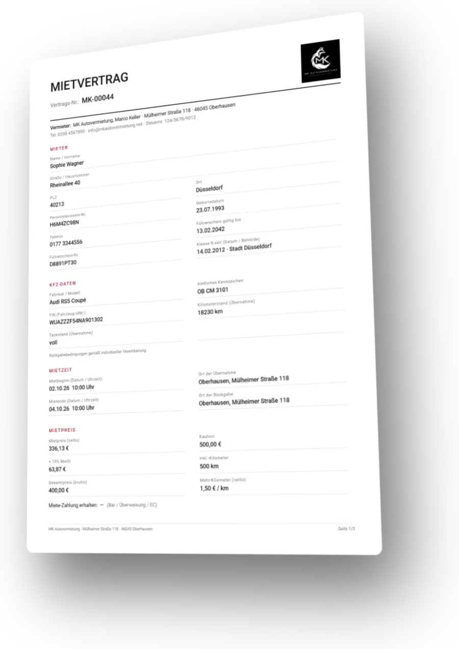 Mietvertrag als PDF, erste Seite mit Vertragsdaten, Skizze und Unterschriften