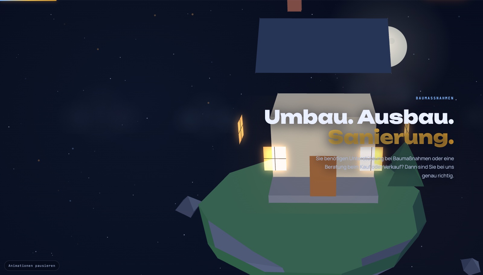 Website der Airborne UG: Low-Poly-3D-Szene mit beleuchtetem Haus bei Nacht