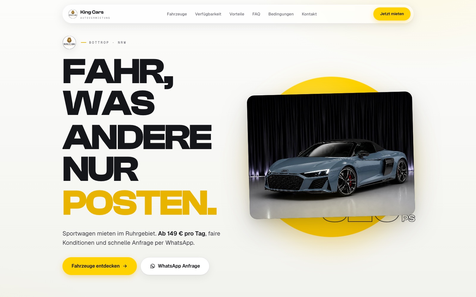Website von King Cars: Hero mit Audi R8 Spyder und der Zeile „Fahr, was andere nur posten“