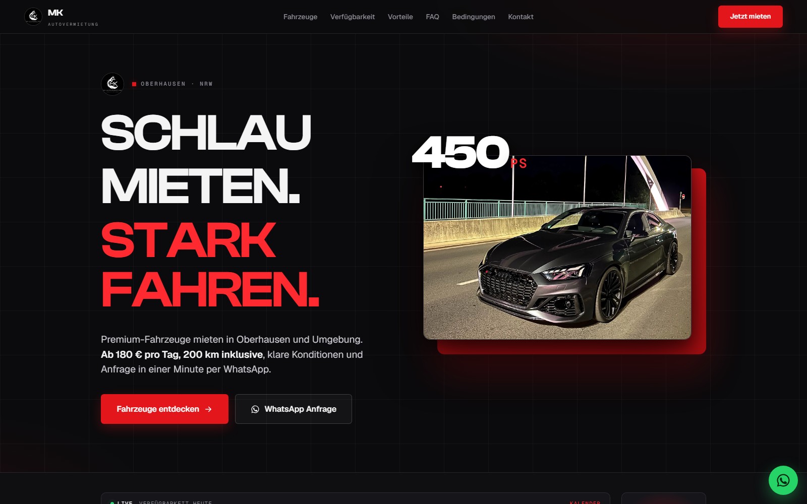 Startseite von MK Autovermietung: dunkles Design mit rotem Akzent, Audi RS 5 Coupé bei Nacht und der Zeile „Schlau mieten. Stark fahren.“